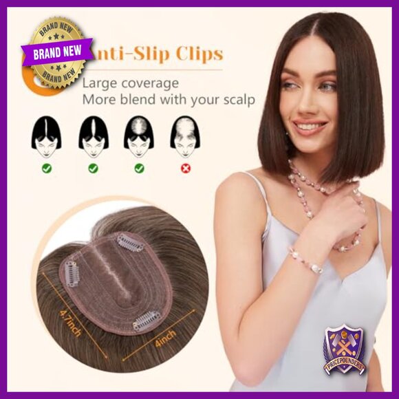 12 Inch Human Hair Topper for Thinning Hair, Lace Base with 3 Clips